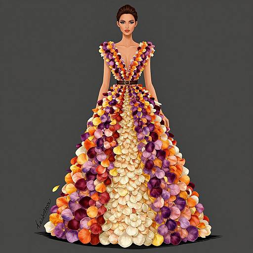 Digital illustration of a woman in a vibrant, flower-embellished ball gown with a deep V-neck, standing against a dark gray background. Flowers