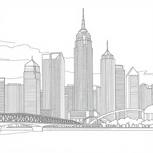 Black-and-white line drawing of a city skyline featuring tall skyscrapers with varied architectural designs, including a central, spire-topped building.