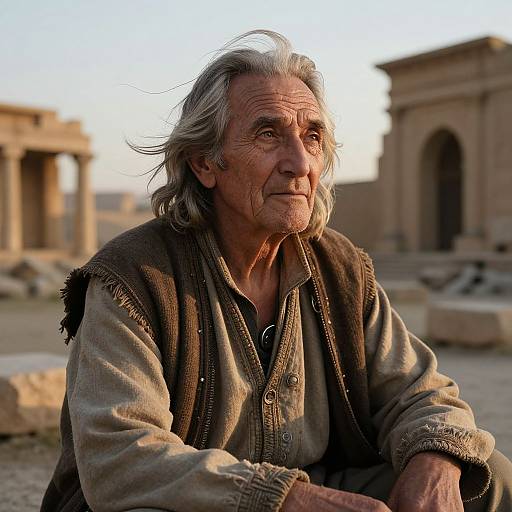 Photograph of an elderly man with weathered skin and gray hair, wearing a worn, brown vest over a beige shirt, sitting in an ancient,