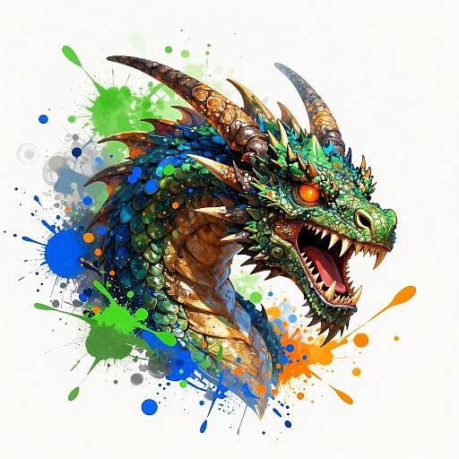 Vibrant digital illustration of a fierce, green-scaled dragon with orange eyes, sharp teeth, and colorful splashes of blue, green, and