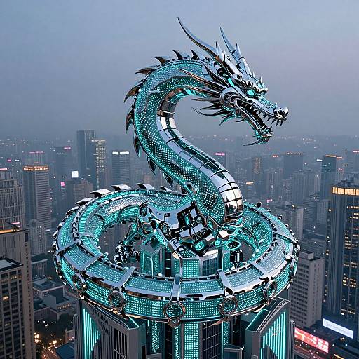 Digital artwork of a glowing, metallic dragon sculpture coiled atop a skyscraper, set against a cityscape of illuminated buildings.