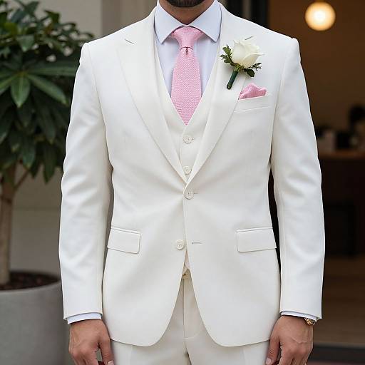 Photograph of a man in a white suit with a pink polka-dot tie, white rose boutonniere, and pink pocket square. Background