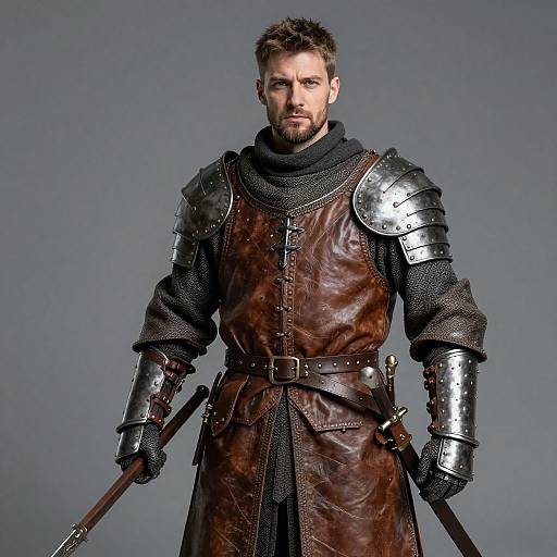 Photograph of a bearded man in medieval-style armor, wearing a brown leather tunic, black chainmail, and holding a sword, against a