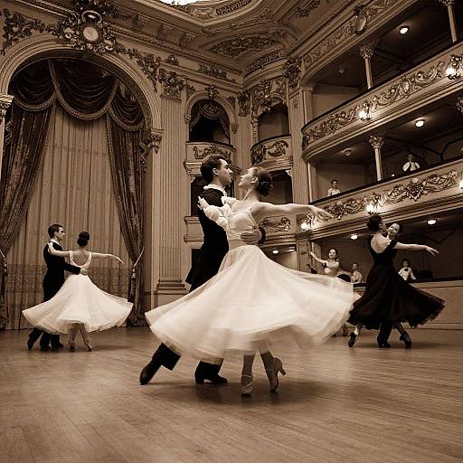 Sepia-toned photograph of ballroom dancers in elegant attire, performing in an ornate, grand ballroom with intricate architectural details. Dancers in