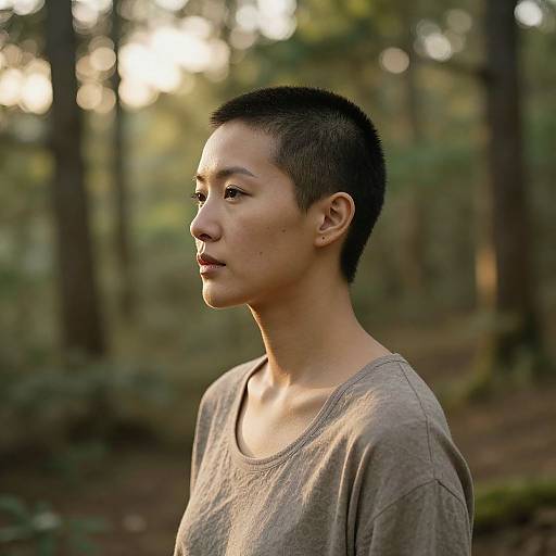 Photograph of an Asian woman with short black hair, wearing a loose grey shirt, standing in a sunlit forest, profile view.