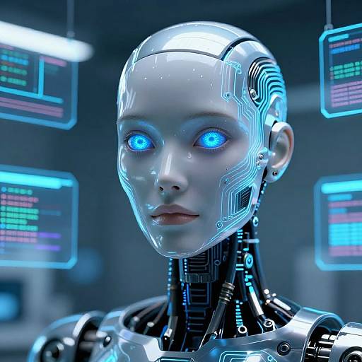 Photorealistic CGI of a futuristic, blue-eyed, robotic woman with sleek, metallic head and neck, surrounded by glowing, holographic screens.