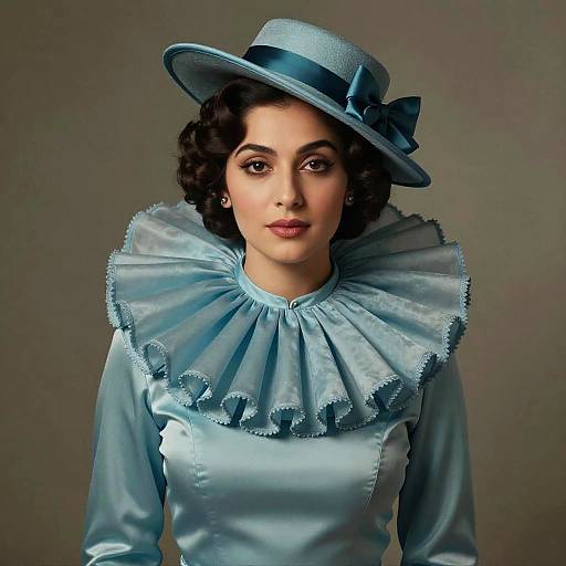 Woman in Vintage Fancy Dress with Ruffled Collar and Hat
