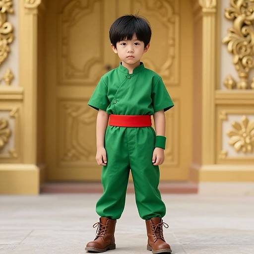Asian Boy in Green Outfit
