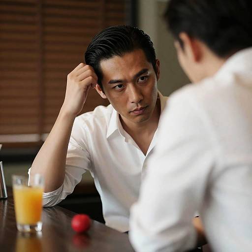 Intense Asian Man at Bar Setting