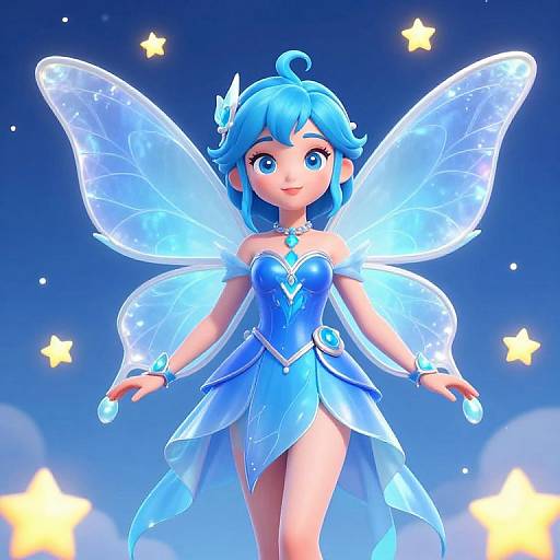 Digital anime-style fairy with blue hair, glowing wings, and a blue dress, holding water droplets, standing against a starry night sky.