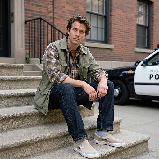 Photograph of a young man with curly brown hair, wearing a green vest over a plaid shirt, blue jeans, and white sneakers, sitting on