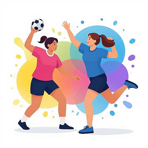 Digital illustration of two women playing volleyball. One in pink shirt and black shorts, other in blue shirt and black shorts, leaping mid-air, with