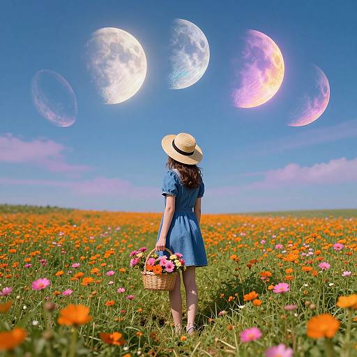 Photograph of a girl in a blue dress and straw hat, holding a basket of flowers, standing in a vibrant orange poppy field, gazing