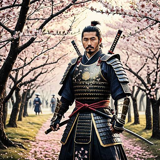 Elegant Samurai Captain in Cherry Blossom Grove