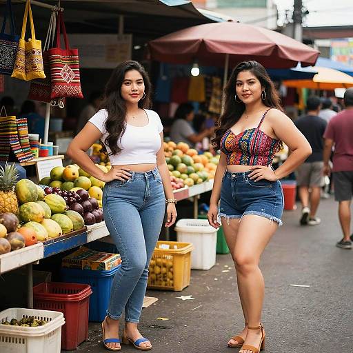 Photograph of two smiling Latina women with long dark hair, wearing white and colorful crop tops, blue jeans, and sandals, standing in a vibrant outdoor