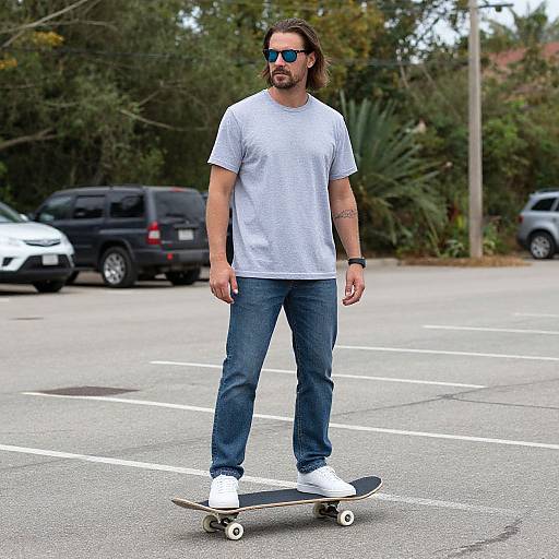 Photograph of a bearded man with long brown hair, wearing blue sunglasses, white t-shirt, blue jeans, and white sneakers, skateboarding in