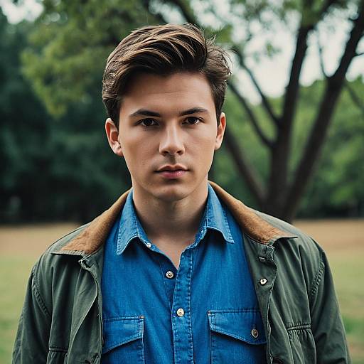 Young Man in Blue Shirt and Green Jacket Outdoors