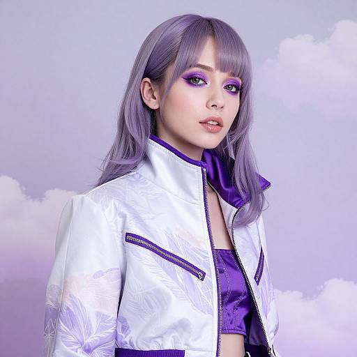Digital artwork of an Asian woman with long purple hair, wearing a white and purple jacket, set against a soft, cloud-filled sky background.