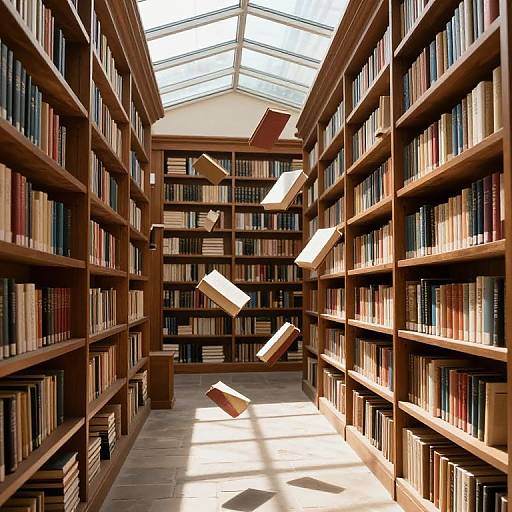 Photograph of a sunlit library aisle with wooden bookshelves, books of various colors, and several books mid-air, floating as if levitating