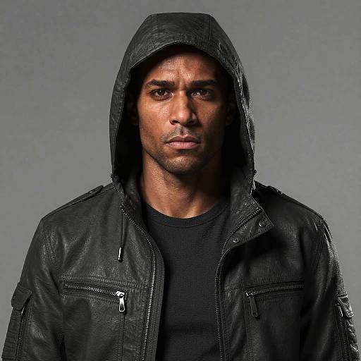 Photograph of a serious, muscular Black man with dark skin, wearing a black leather jacket and hood, against a gray background.