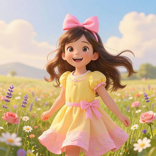 CGI image of a cheerful young girl with long brown hair, wearing a yellow dress with pink bow, in a colorful flower field. Bright blue sky