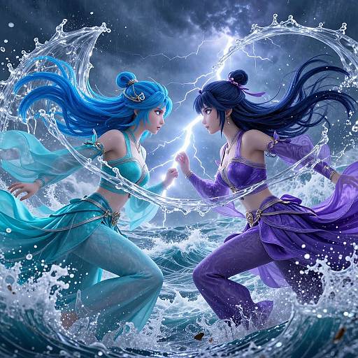 Digital artwork of two magical, water-wielding women in vibrant blue and purple outfits, clashing with lightning amidst splashing waves, creating an electrifying