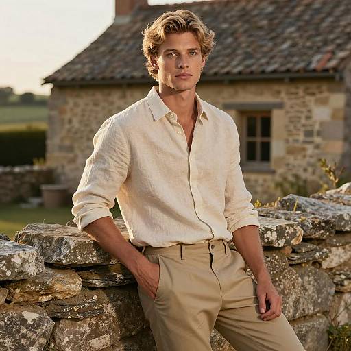 Young Man Leaning on Rustic Stone Wall