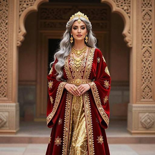 Digital artwork of a regal woman with silver hair, wearing an ornate red and gold traditional dress, gold jewelry, and a crown, standing in