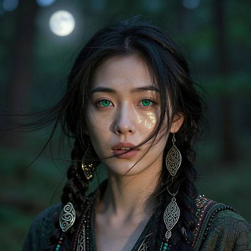 Photograph of an East Asian woman with green eyes, dark hair in braids, wearing ornate earrings and a dark, patterned top, illuminated