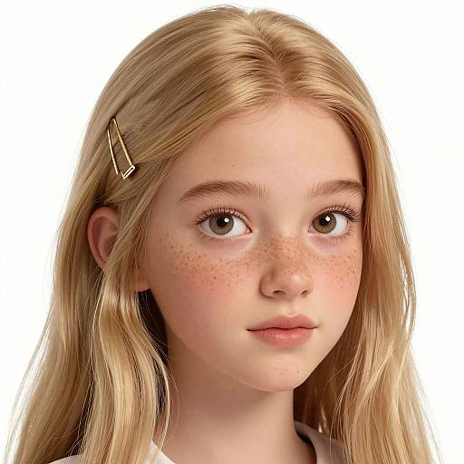 Digital portrait of a young blonde girl with freckles, soft pink lips, and large brown eyes, wearing a small yellow hair clip, against a
