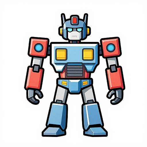 Cartoon-style, colorful robotic mecha with blue and red armor, yellow chest squares, blue eyes, and black hands on white background.