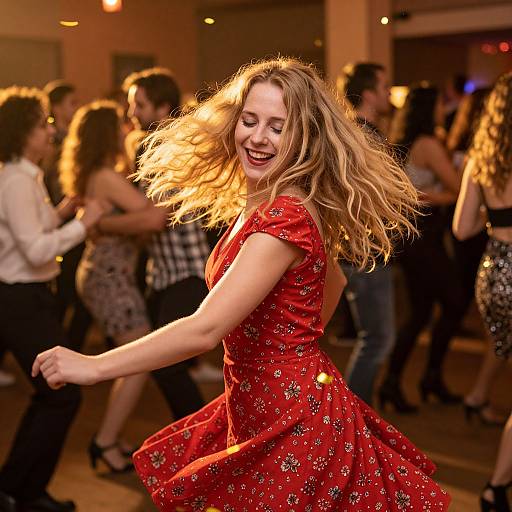 Photograph of a smiling blonde woman with wavy hair in a red floral dress, dancing joyfully in a dimly lit, bustling room with other