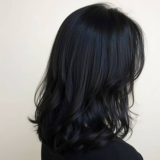 Photograph of a woman with shoulder-length, glossy black hair, viewed from the back against a plain white background.