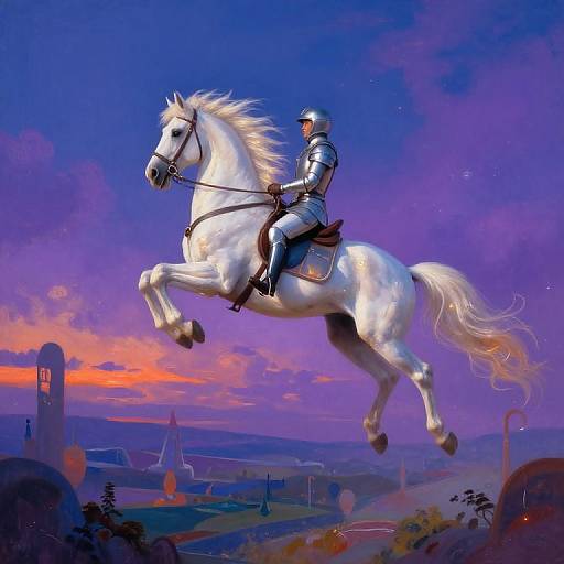Digital painting of a knight in silver armor riding a white, rearing horse against a vibrant, purple and orange sunset sky. Fantasy landscape with castle ruins