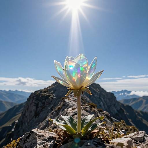 Photograph of a glowing, iridescent flower with rainbow reflections, standing on rocky mountain peak under bright sun, clear blue sky, and distant mountain