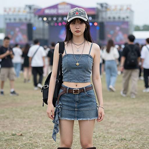 Young Asian woman in denim crop top and skirt, black backpack, baseball cap, necklace, standing in crowded outdoor festival field.