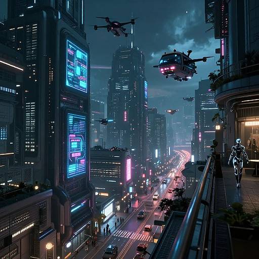 Cyberpunk cityscape at night, neon-lit skyscrapers, flying drones, busy illuminated streets, futuristic architecture, illuminated pedestrian bridge, digital