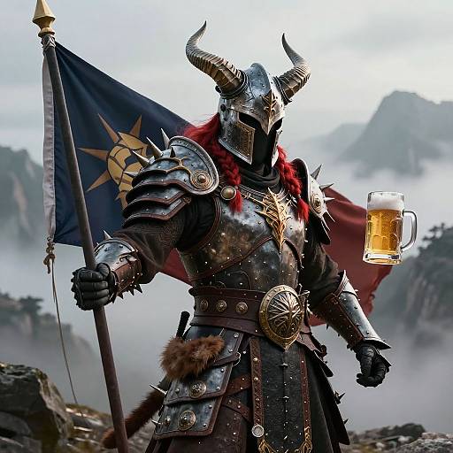 Digital art: armored Viking warrior with horns, red braids, holding beer mug and flag, standing on misty mountain ledge.