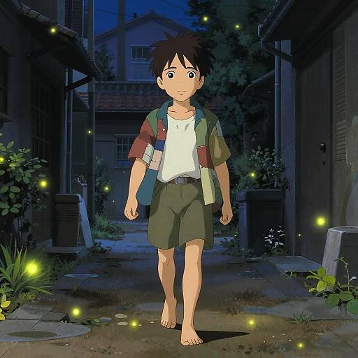Anime-style drawing of a young boy with brown hair, wearing a patchwork jacket and green shorts, walking barefoot through a dark, illuminated alley at