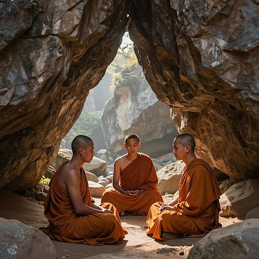 Serene Monks in a Sunlit Cave