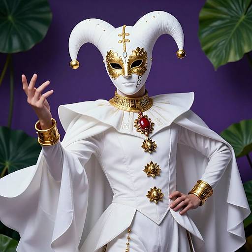 Photorealistic image of a masked jester in white, gold-accented attire, with gold cuffs, necklace, and jester hat, against