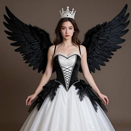 Photograph of a fair-skinned woman with black wings, wearing a white and black corset ball gown, silver crown, and dark brown hair,