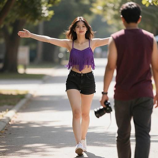 Sunlit Stroll: Woman in Purple Fringe