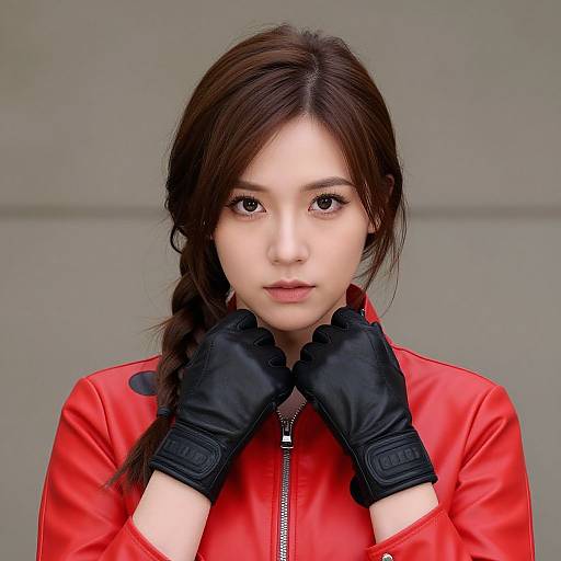 Photorealistic digital portrait of an Asian woman with fair skin, brown eyes, and long brown hair in a braid. She wears a red jacket