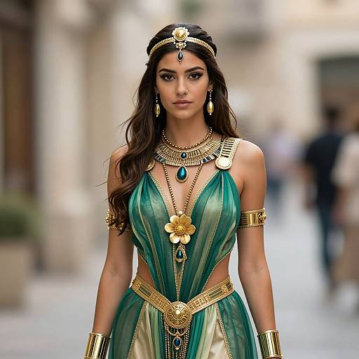 Photograph of a beautiful woman with long dark hair in an ornate green and gold traditional dress, adorned with jewelry, walking down a blurred urban street