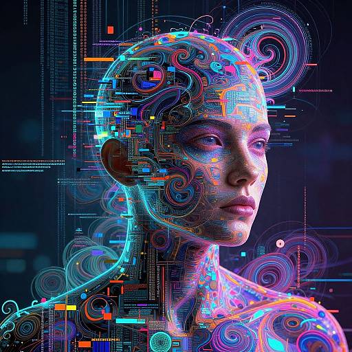 Digital art of a futuristic, glowing human head with colorful, swirling patterns and neon lights against a dark, tech-themed background.