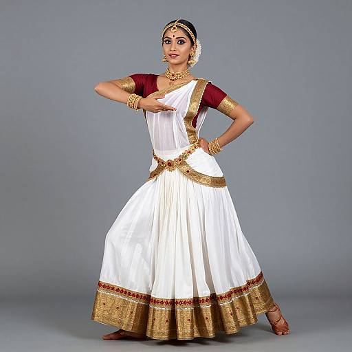 Photograph of an Indian woman in a white traditional saree with gold trim, maroon blouse, gold jewelry, and red bangles, posing gracefully