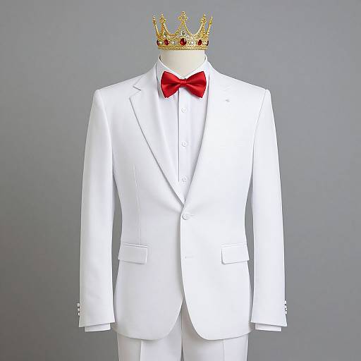 Photograph of a white suit jacket with a red bow tie, gold crown, and gray background. Regal, formal attire.
