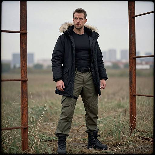Photograph of a muscular man with short brown hair, wearing a black coat with fur hood, black shirt, green cargo pants, and black boots,
