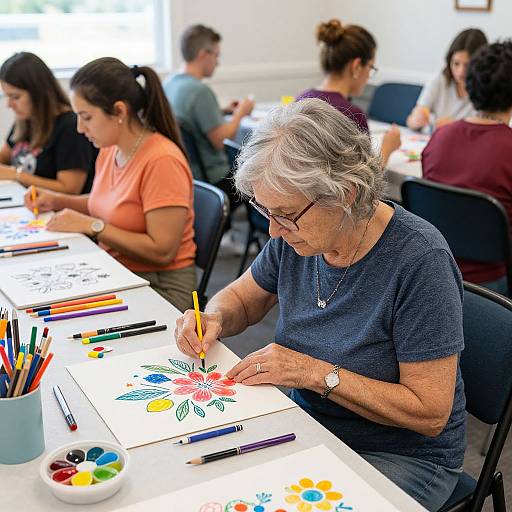 Photograph of elderly woman with gray hair, wearing glasses and dark blue shirt, coloring a flower on white paper in a classroom setting, surrounded by other